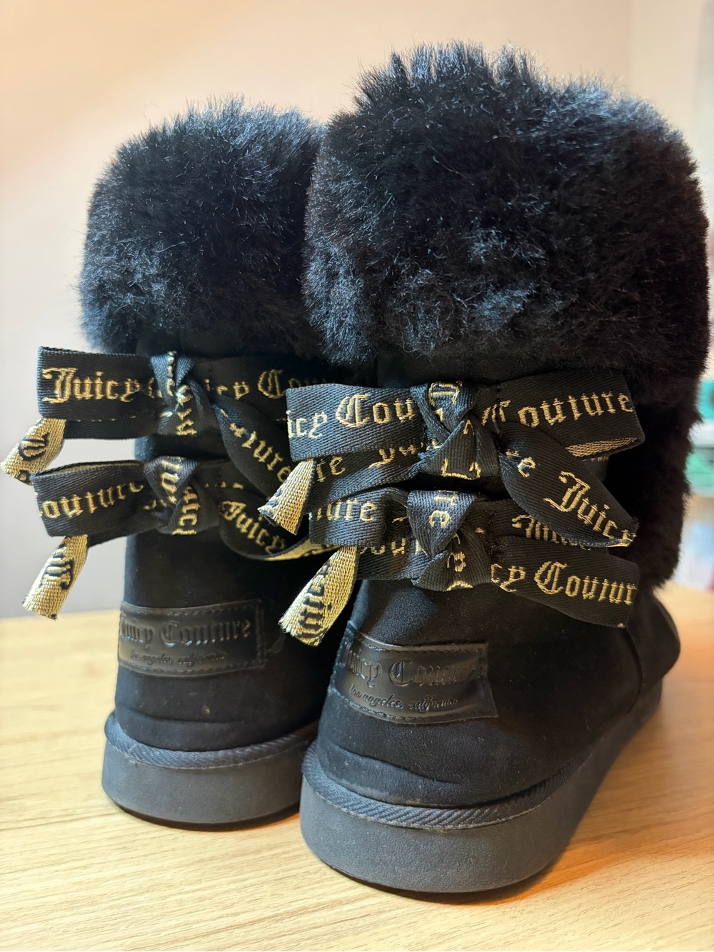 Juicy Couture Black Faux Suede Fur Bow Ankle Boots Womens 10 IC-KING2